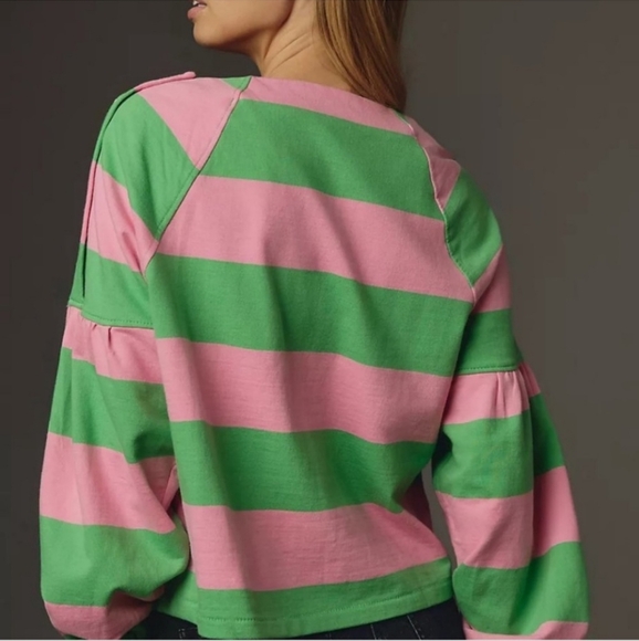 Anthropologie Maeve French Terry Sweatshirt  white Green/Pink NWT - L - Picture 3 of 6